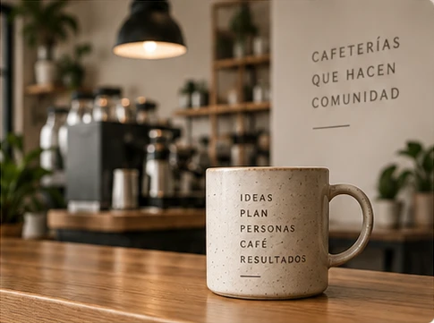 Barra de cafetería de especialidad con taza de cerámica grabada con Ideas, Plan, Personas, Café y Resultados