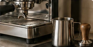 Primer plano de máquina de espresso profesional, portafiltro, jarra para espumar y tamper