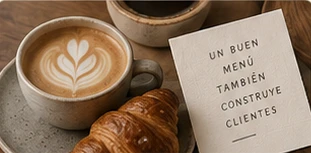 Taza de latte art con croissant recién horneado y tarjeta: Un buen menú también construye clientes
