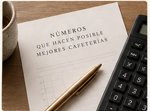 Documento de números que hacen posible mejores cafeterías con pluma y calculadora