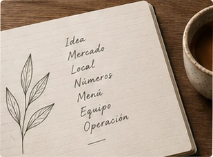 Libreta de notas con la lista: Idea, Mercado, Local, Números, Menú, Equipo y Operación